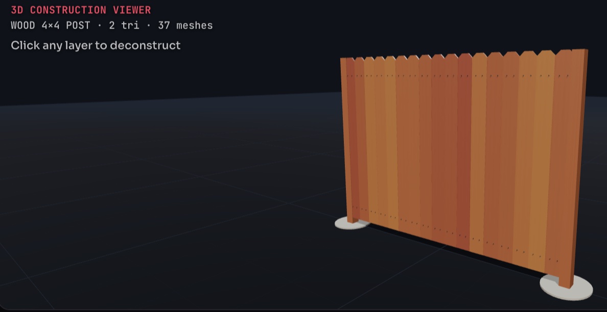 TRU OS 3D construction viewer showing a wood fence on 4x4 posts