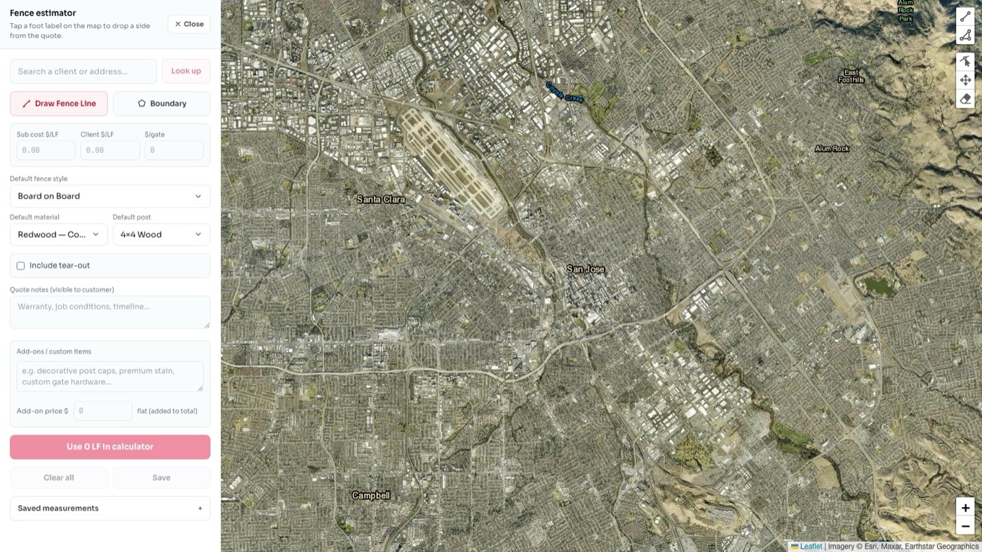 TRU OS fence estimator tracing a fence line on a satellite map of San Jose